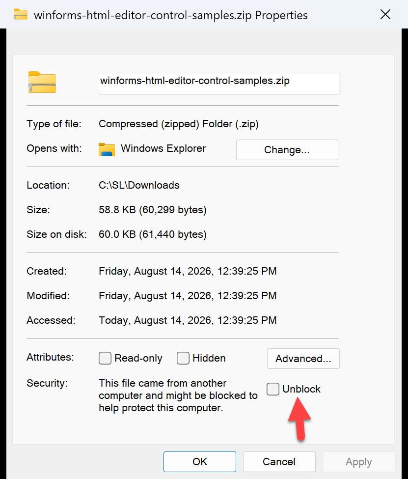 The Windows file Properties dialog for a downloaded zip, with the Unblock checkbox ticked at the bottom of the General tab